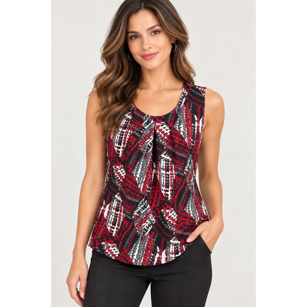 Kasper Sleeveless Top Red Abstract Geometric‎ Office Modern Chic Small Workwear